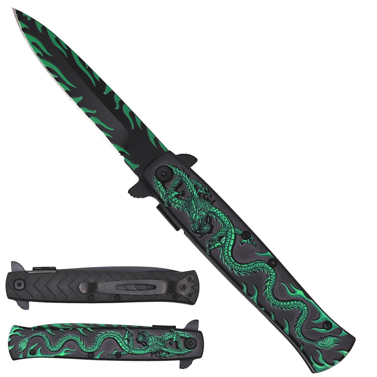 8" Pocket Knife Green Dragon Handle               3 1/2" Blade Folding knife. W/black wood design on handle