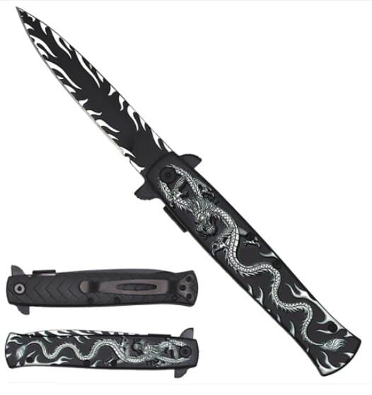 8" Pocket Knife Green Dragon Handle               3 1/2" Blade Folding knife. W/black wood design on handle