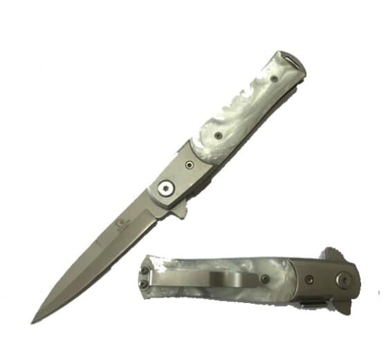 7" Overall Pocket Knife Black w/White Faux Marble Handle