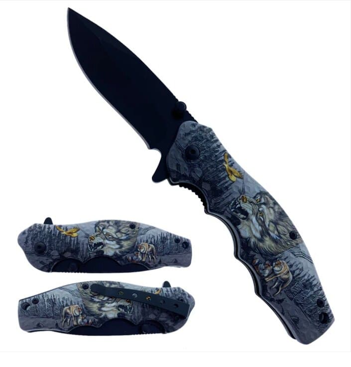 7 3/4" Overall. Belt Clip. Rough NonSlip Handle., 440 Stainless Steel Half Serrated Black Coated Blade