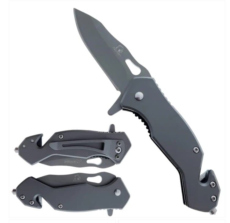2.5” 440 stainless Grey coated steel blade and a 3.75” Grey handle