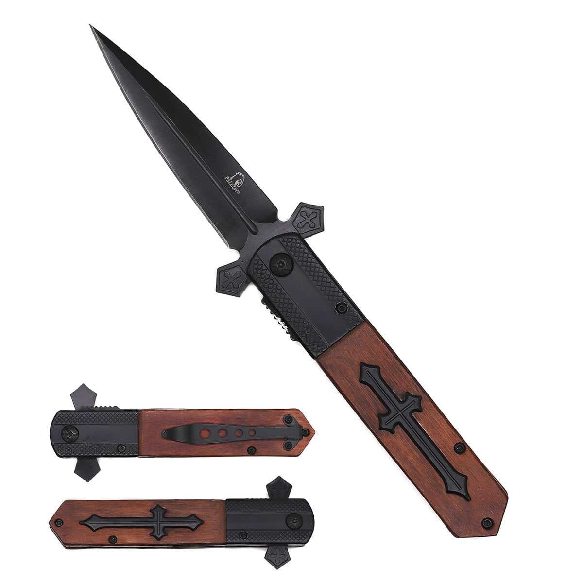 3 7/8 " Black Blade / Wood Handle w Cross