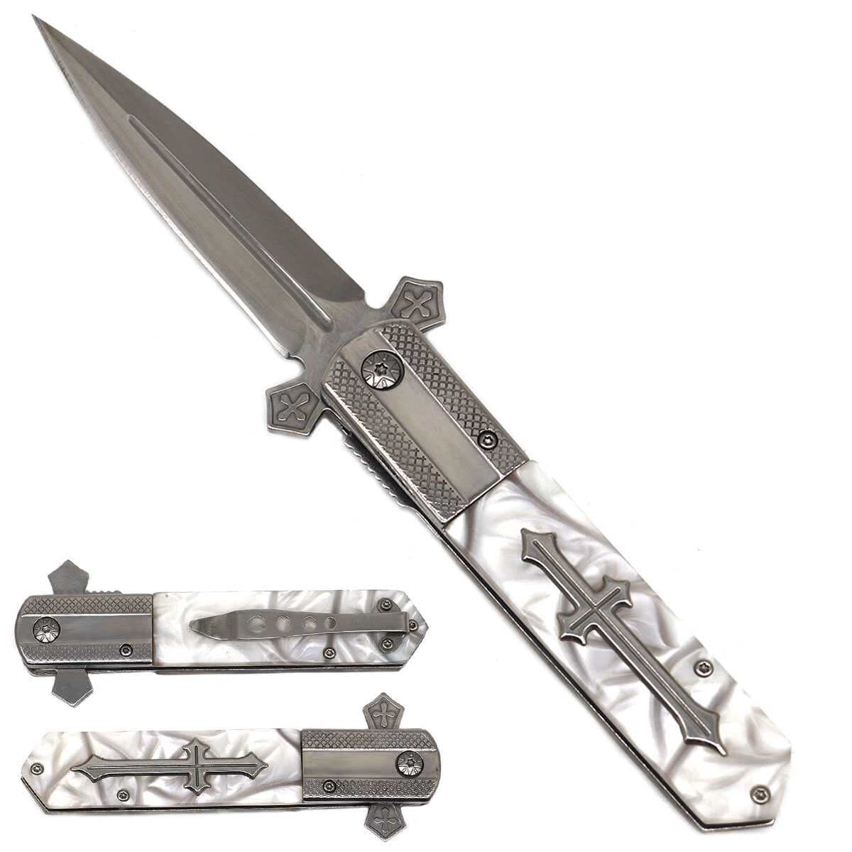 8 7/8" Knife White Faux Marble Cross Handle