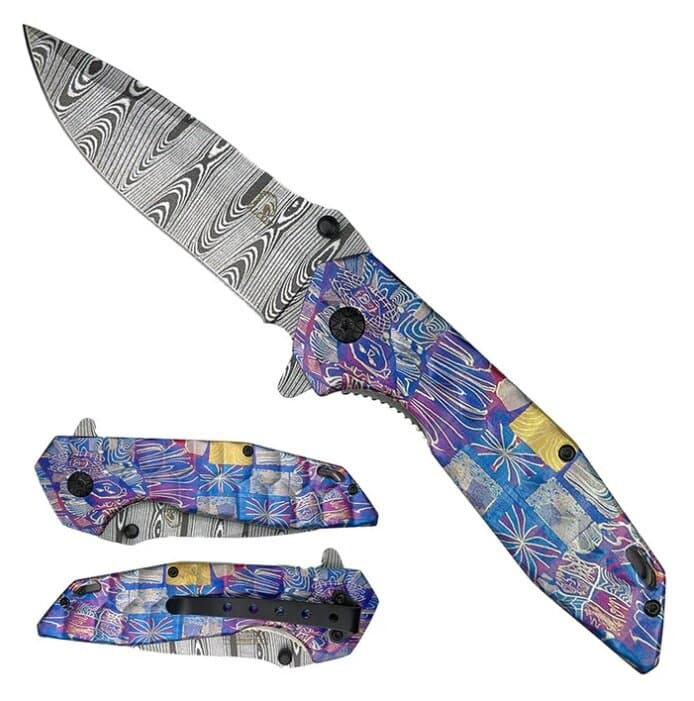 3" Black & White Print Blade Colorful Handle