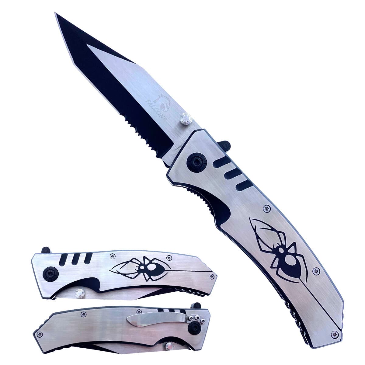 Falcon 8" Pocket Knife Black Widow Design on Handle